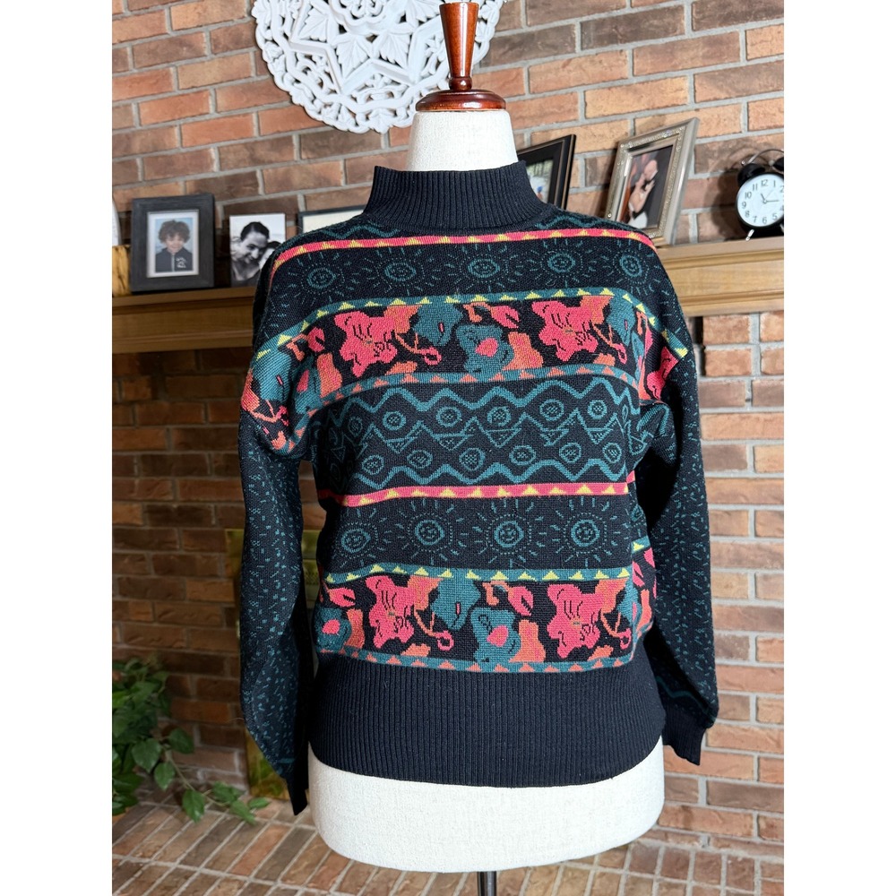 Demetre Knit Ski Sweater Women Black Geometric Mock Neck Vintage Medium